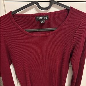 Timing Ribbed Long-Sleeve Top - Burgundy